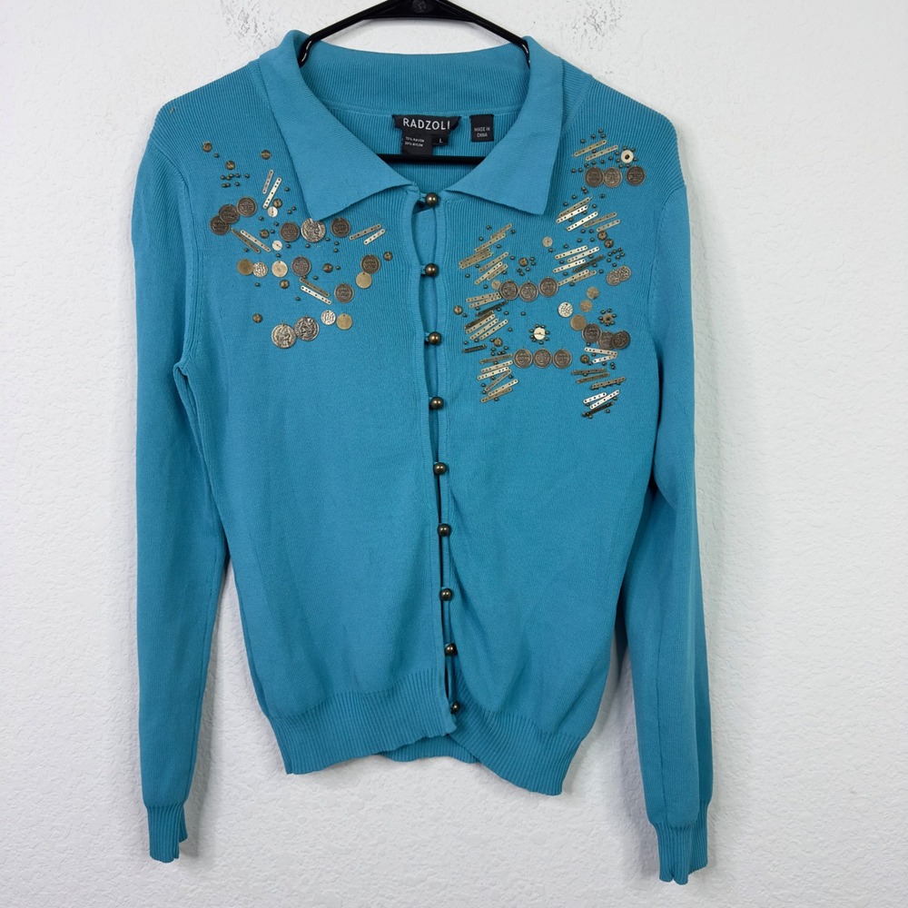 Radzoli Cardigan Womens L Blue‎ Embellished Retro Maximalist Boho Career Cottage